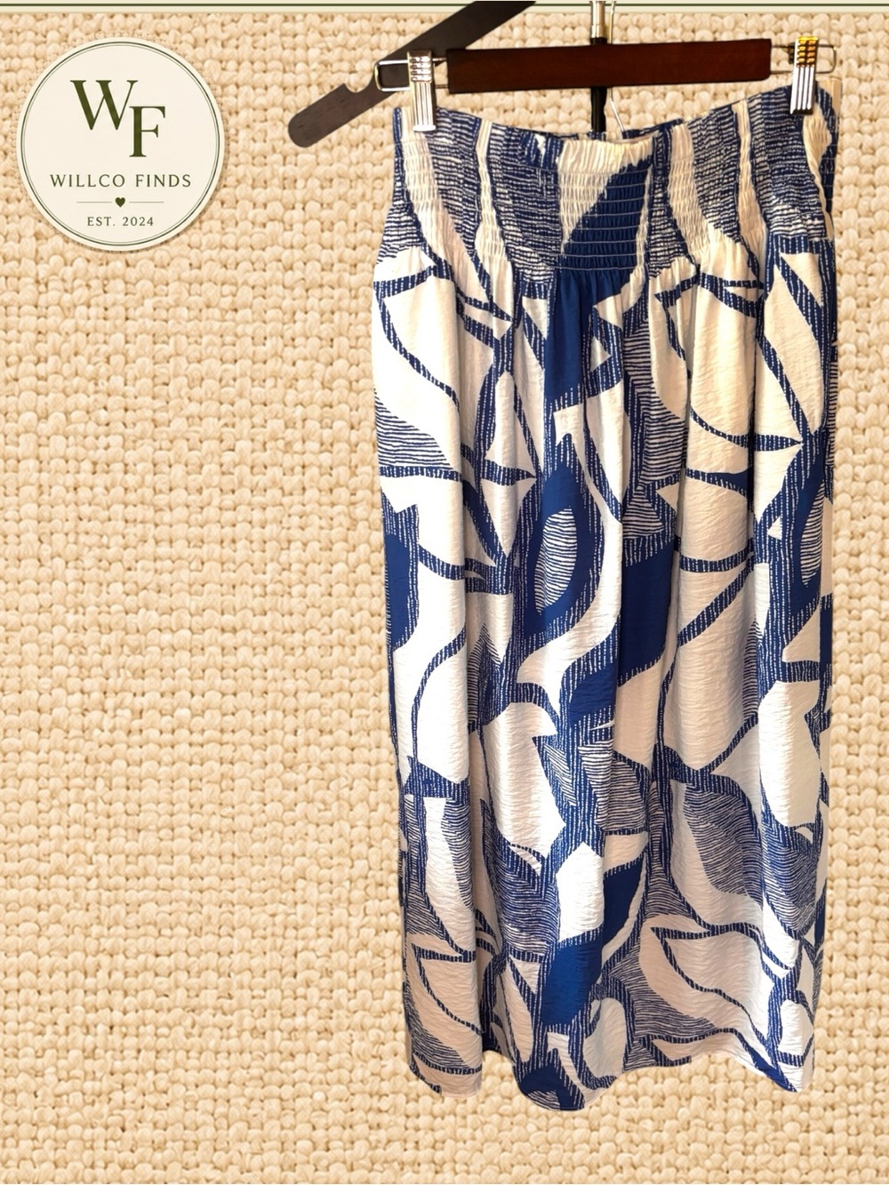 Nine West Blue White Abstract Print Smocked Maxi Skirt Size Medium